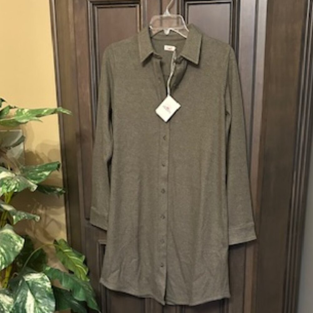 Faherty Olive Melange Twill Button Front Legend Sweater Knit Shirt Dress